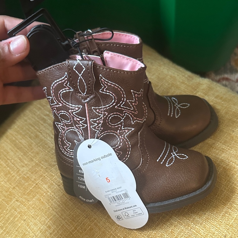 Brown Toddler Cowboy Boots with Pink Lining